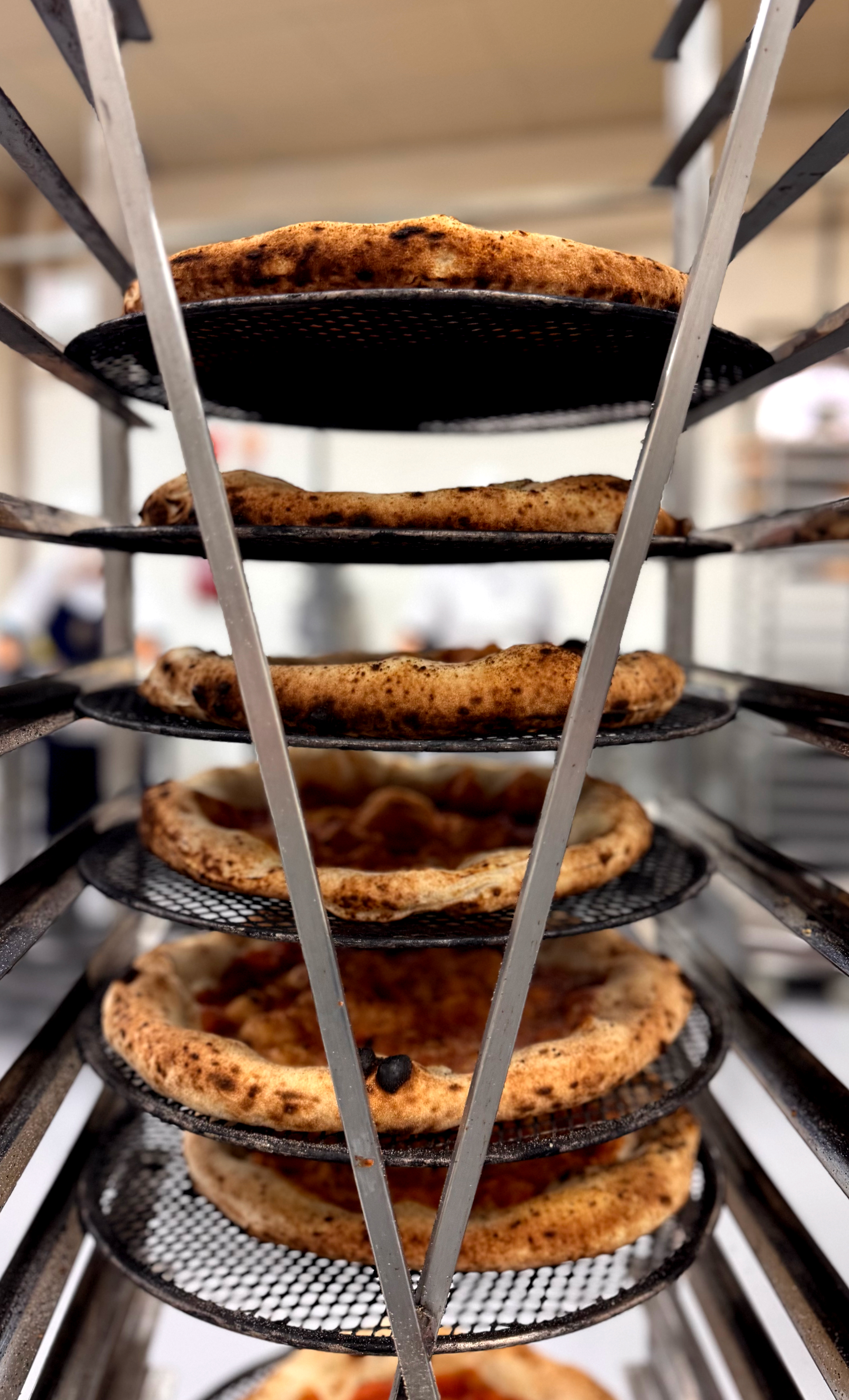 Racks cheios de pizzas artesanais Dafra prontas para o congelamento